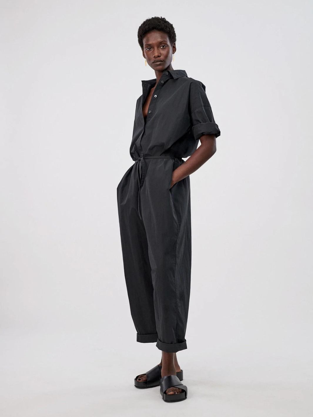 CO Collections Jumpsuit Jumpsuit | Collared Drawstring Jumpsuit Black