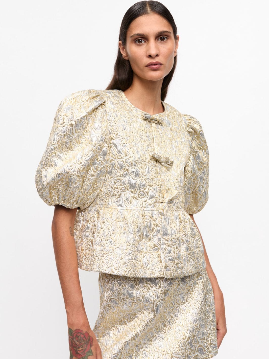 Ganni Blouses Topp | Metallic Cloque Peplum Blouse