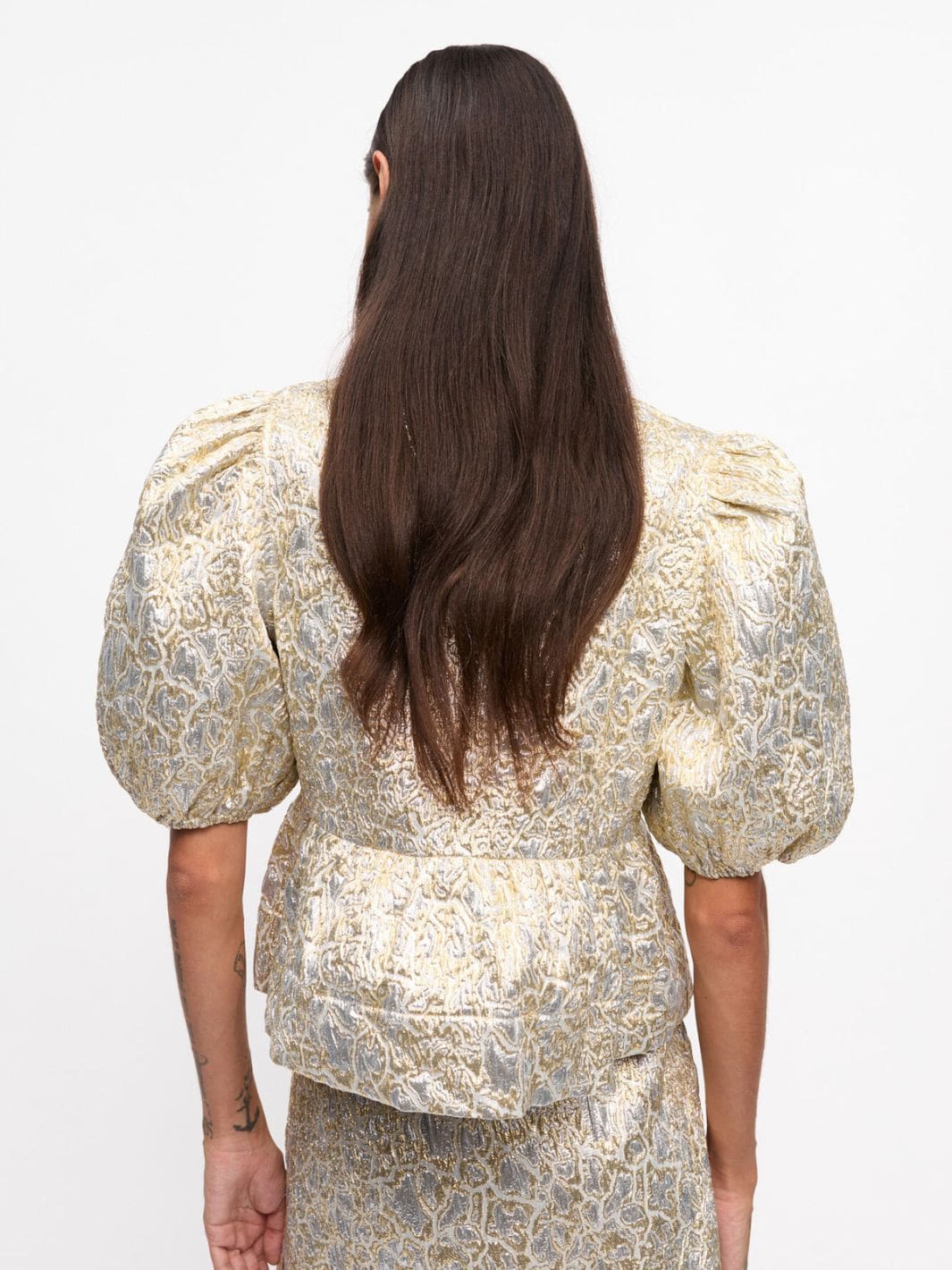 Ganni Blouses Topp | Metallic Cloque Peplum Blouse