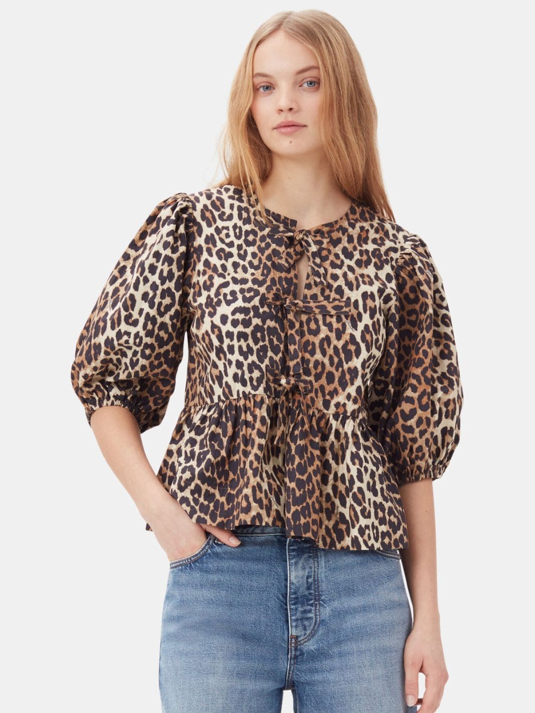 Ganni Blouses Topp | Printed Cotton Poplin Peplum Blouse