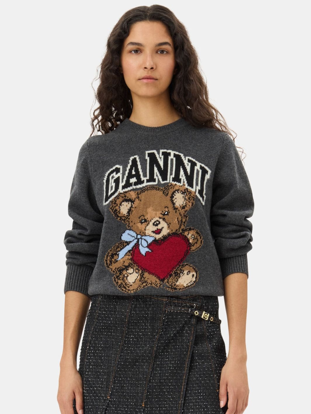 Ganni Sweaters Genser | Graphic Wool Mix Bear Crewneck Grey